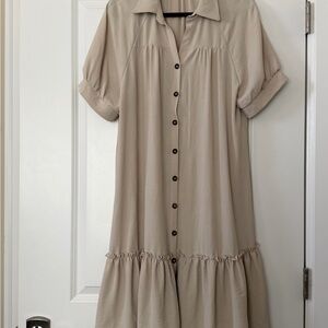 Neutral Beige Button-Front Midi Dress with Short Sleeves